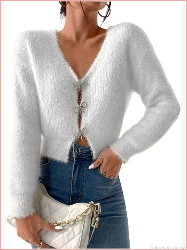 Fuzzy Cut Out Cardigan Rhinestone Bow V Neck Cropped Sweater